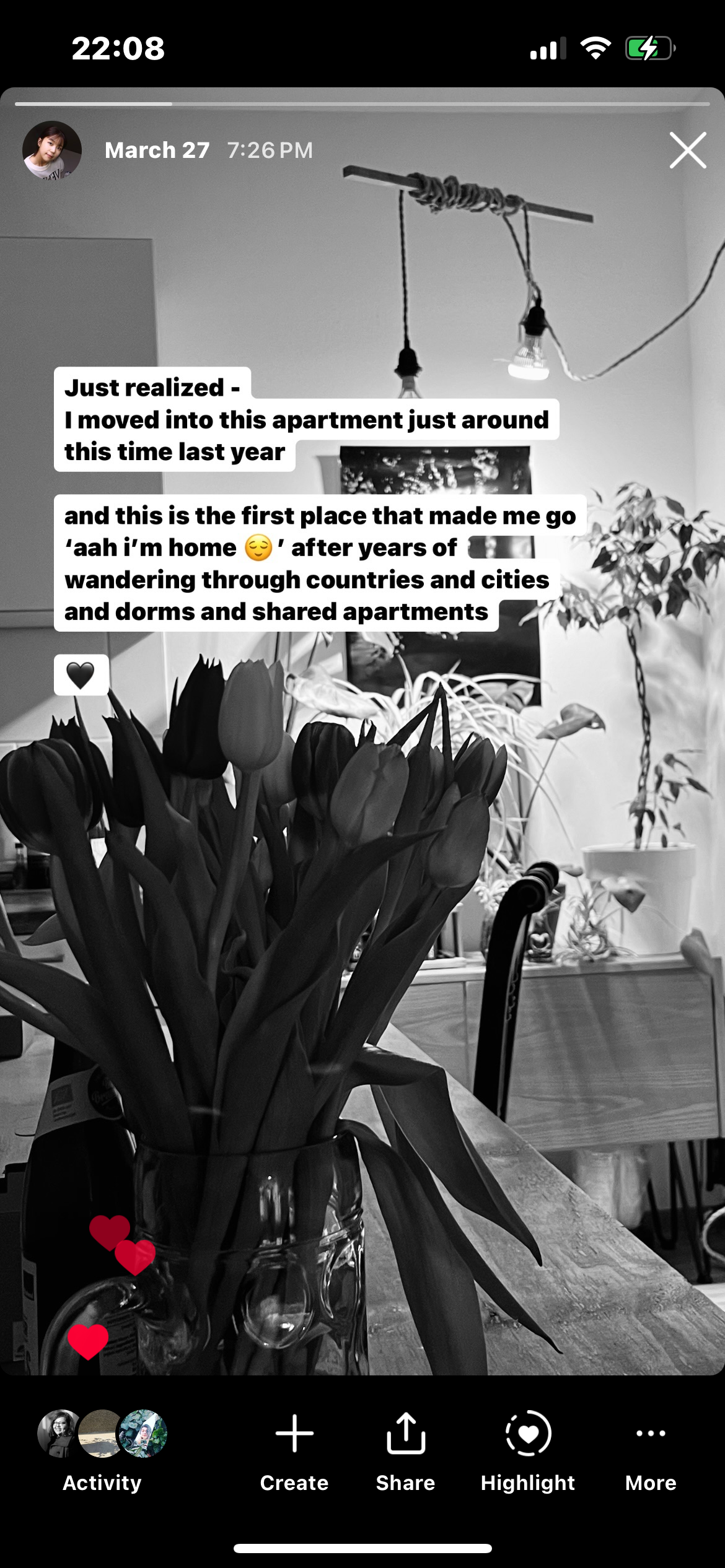 Insta post about my home with text: "Just realized - I moved into this apartment just around this time last year. and this is the first place that made me go ‘aah i’m home 😌’ after years of wandering through countries and cities and dorms and shared apartments"